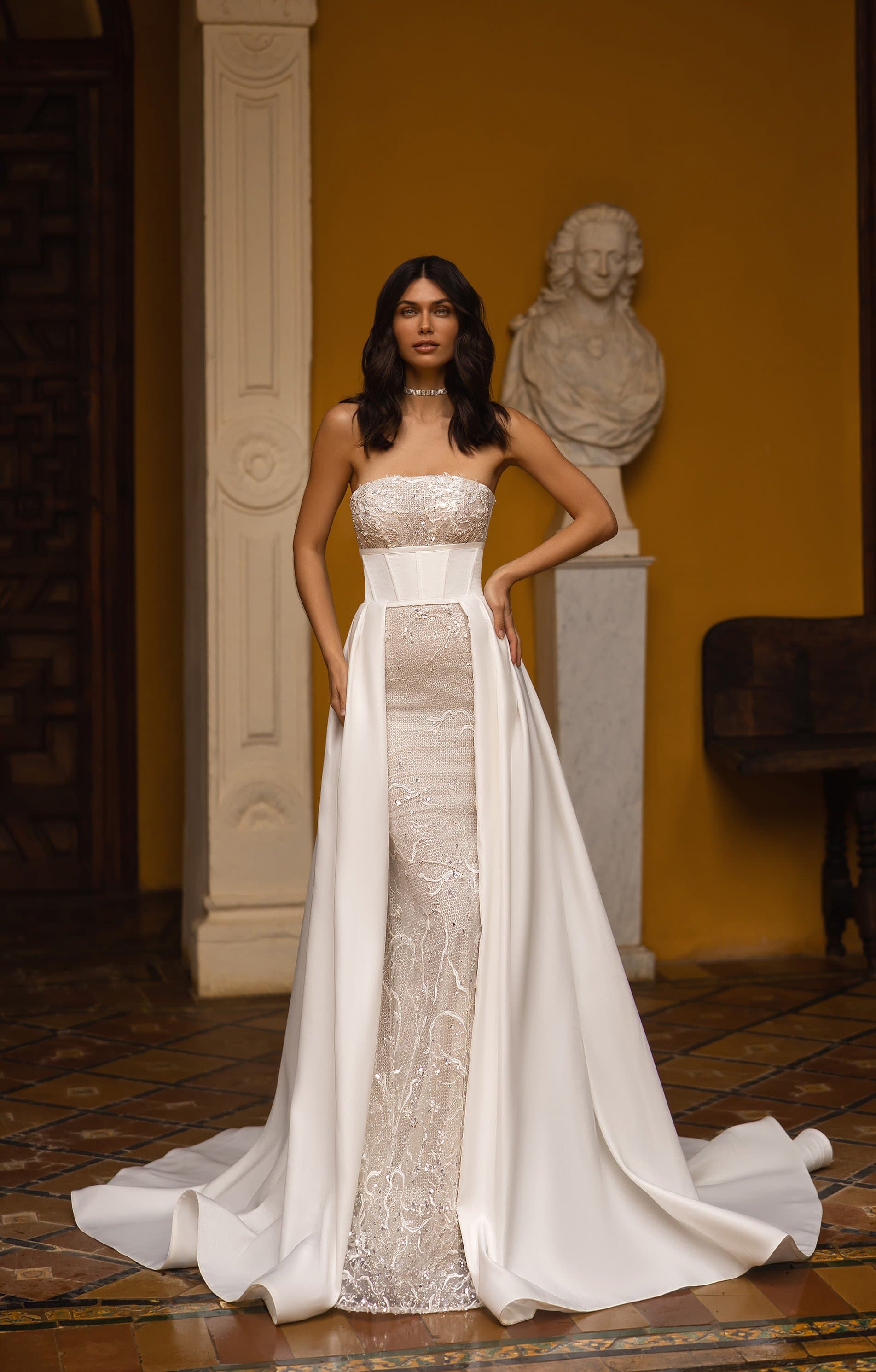 Transformer wedding dress with detachable skirt